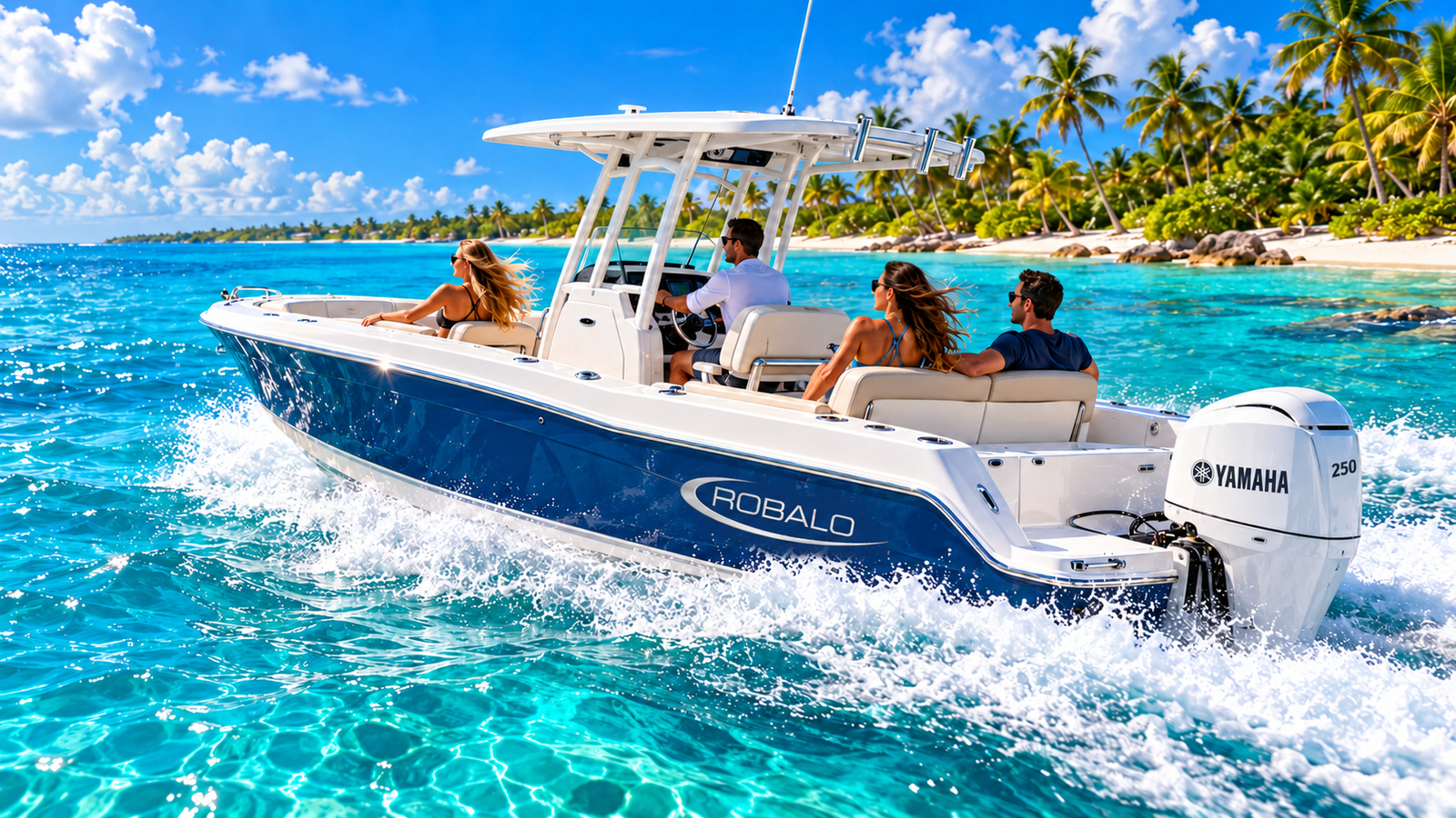 Blue Robalo island boat tour with white Yamaha outboard