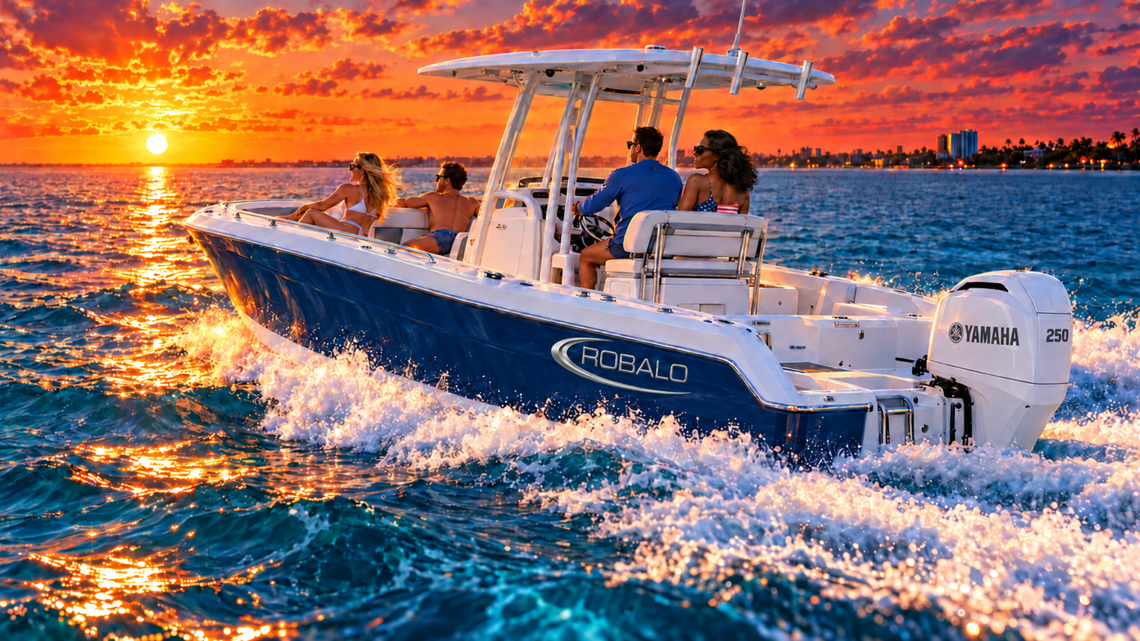 Blue Robalo with a white Yamaha motor at sunset