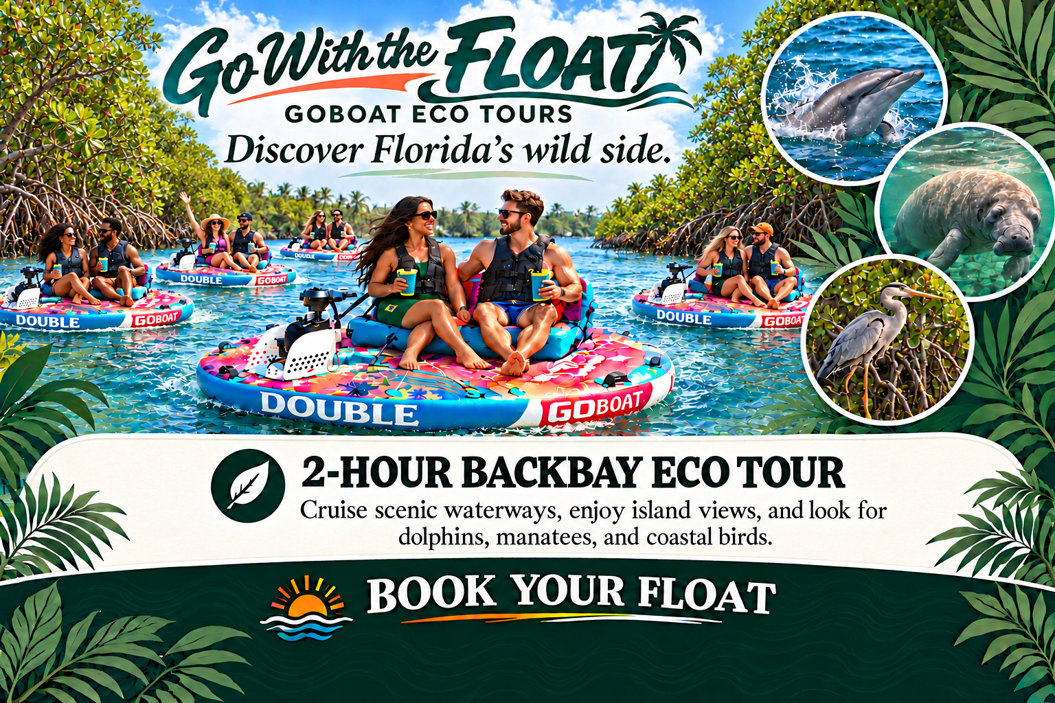 Illustration of GoBoats exploring the backbay beside mangroves